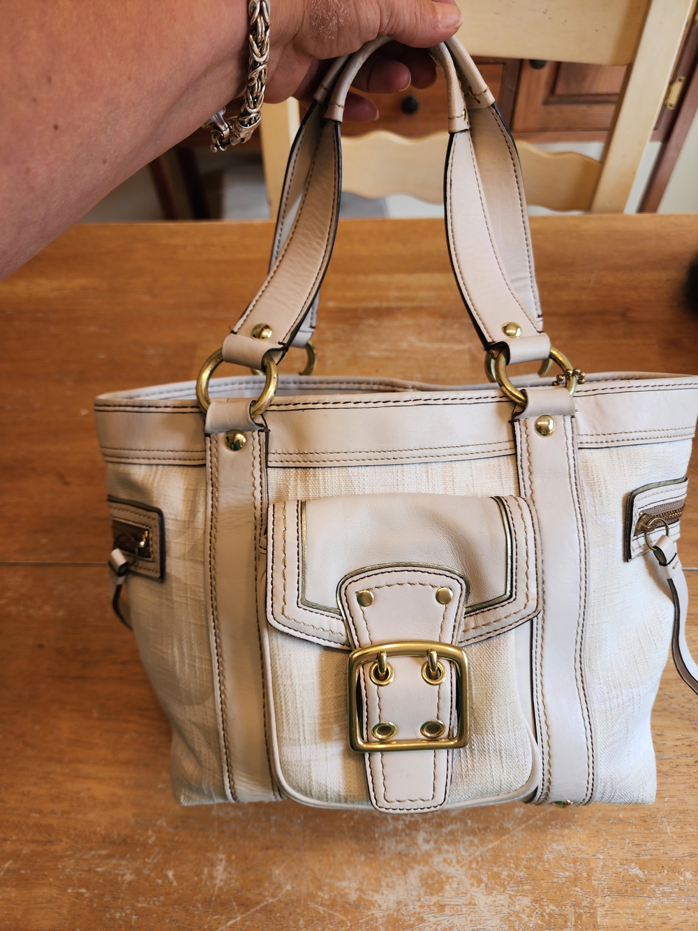 2006 vintage Coach Legacy Signature / Soho cream canvas and white leather tote